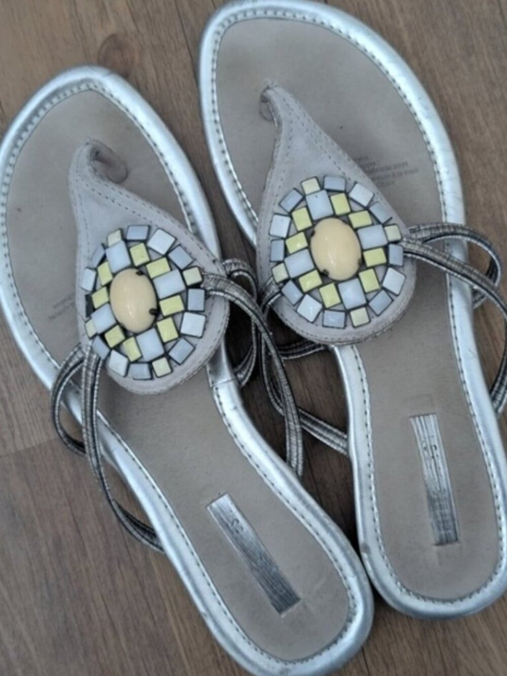 Nine West Silver Beaded Leather Flip Flops/Sandals